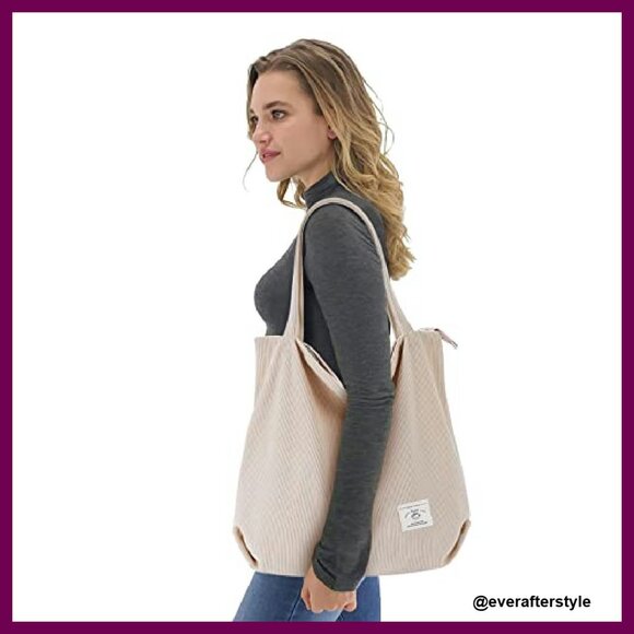 Corduroy Tote Bag Zipper Casual Large Capacity Shoulder Bag with Pockets - Picture 3 of 8